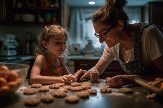 A woman and a child are making cookies in a kitchen.