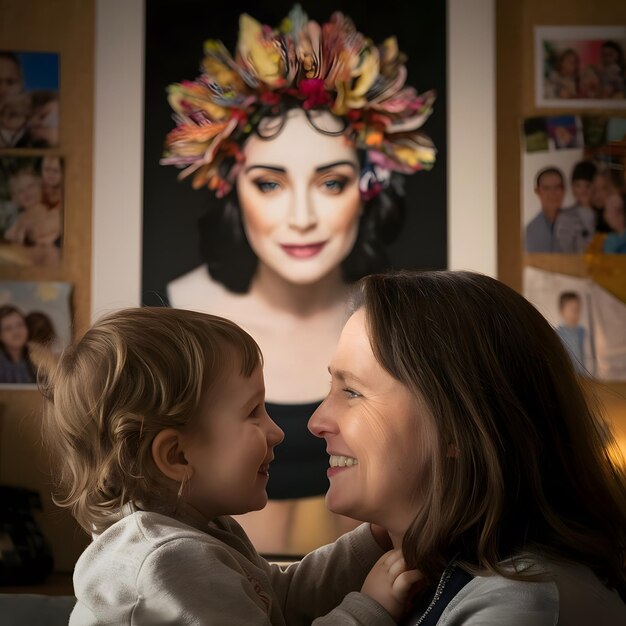 a woman and a child are posing for a photo in front of a painting of a woman with flowers on it