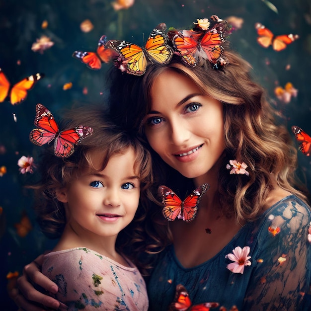 a woman and a child are posing with butterflies