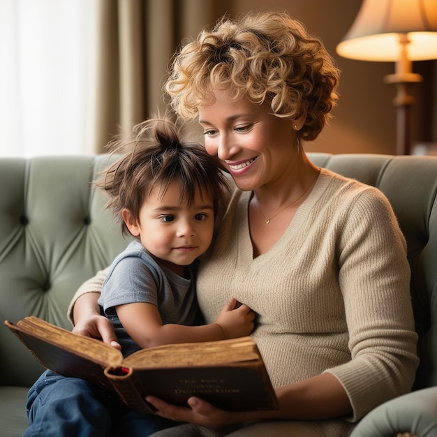 Photo a woman and a child are reading a book together