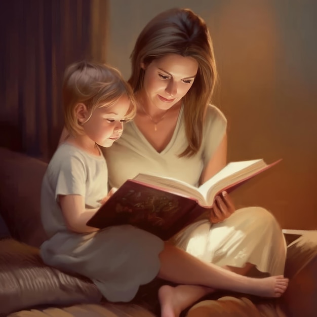 A woman and a child are reading a book together.