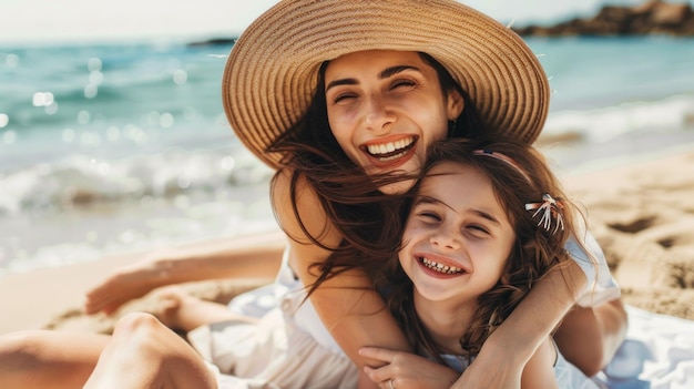 A woman and a child are sitting on the beach smiling and hugging each other