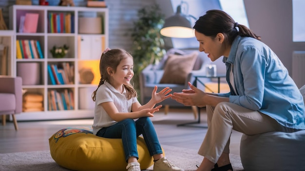 Photo a woman and a child are sitting on a bean bag chair