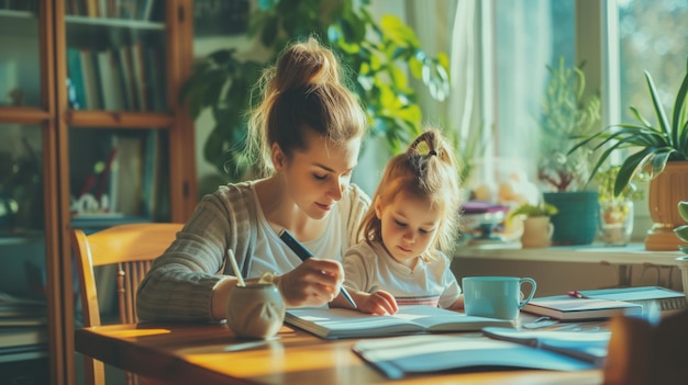 Woman and a child are sitting and doing homework at a table in a bright room