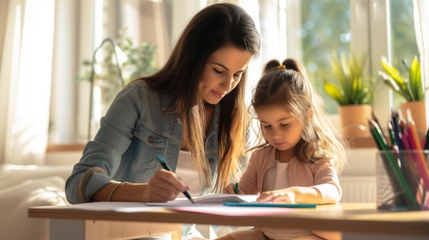 Woman and a child are sitting and doing homework at a table in a bright room