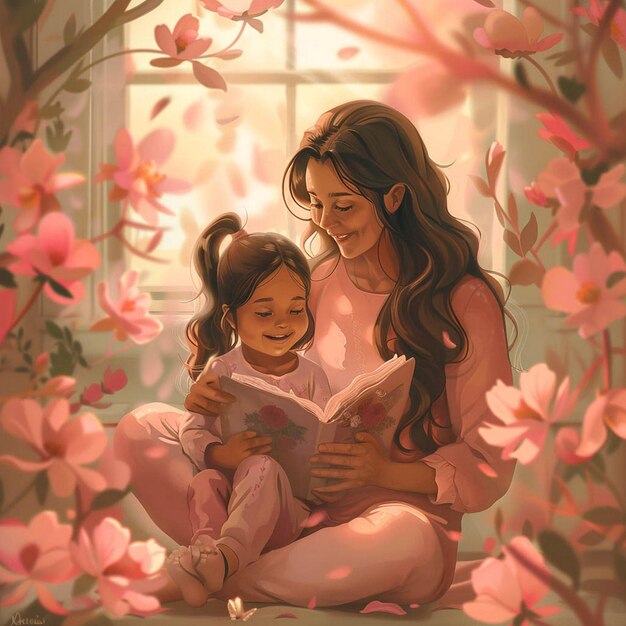 a woman and a child are sitting in front of a window with pink flowers