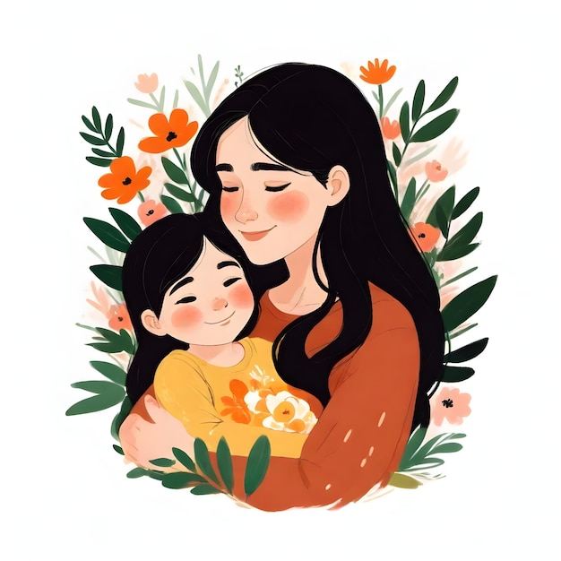 a woman and a child are sitting in a garden of flowers