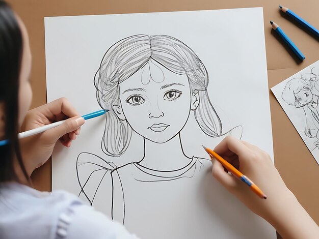 Photo a woman and a child are sitting at a table with drawings of a child