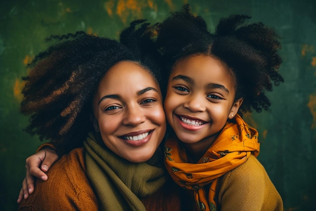 Woman and child are smiling for the camera both wearing scarves and scarves Generative AI