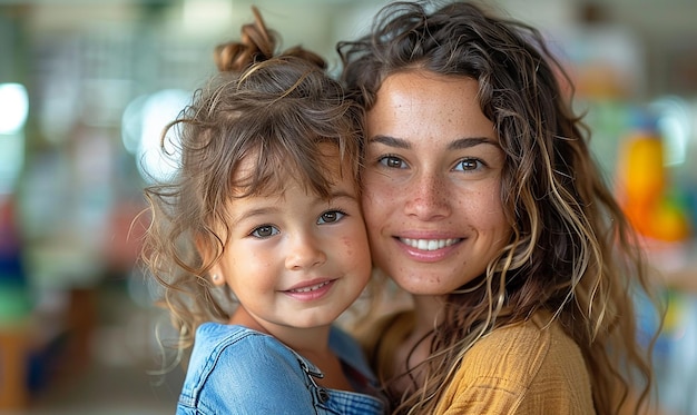 a woman and a child are smiling for the camera