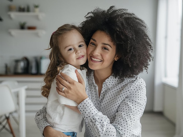 a woman and a child are smiling and holding each other