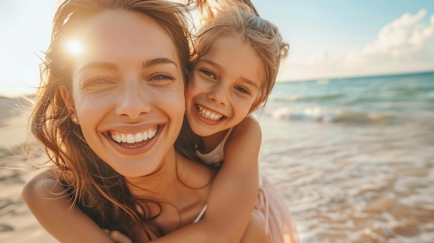 A woman and a child are smiling and hugging on a beach