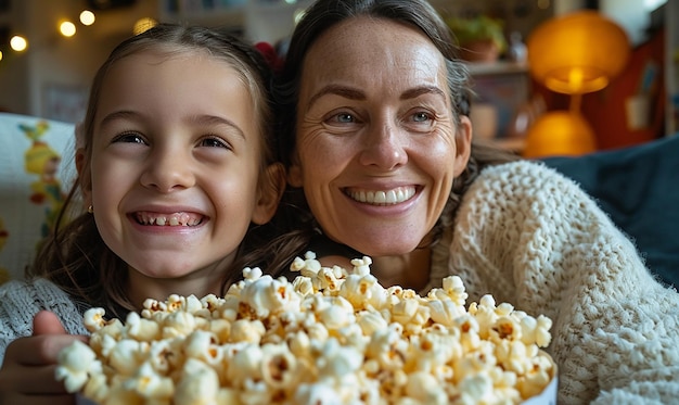 a woman and a child are smiling and smiling with popcorn on a table