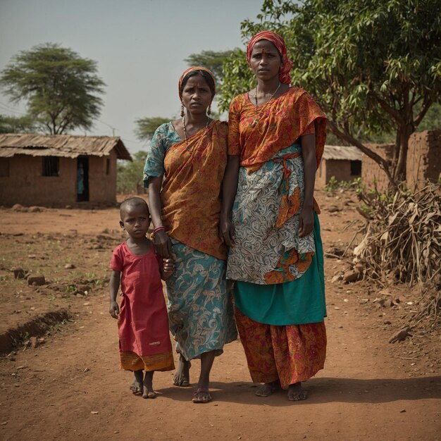 a woman and a child are walking down a dirt road