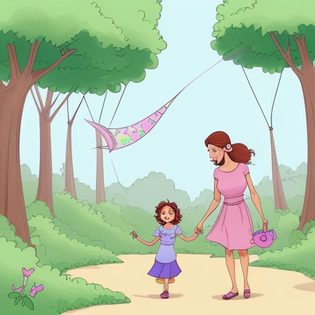 a woman and a child are walking in the forest with a kite in the air