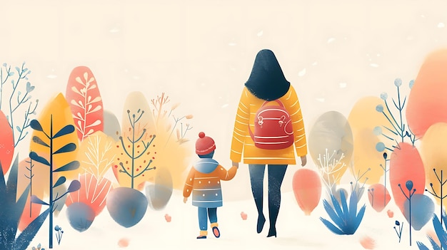 Photo a woman and a child are walking in the snow with balloons and a christmas tree