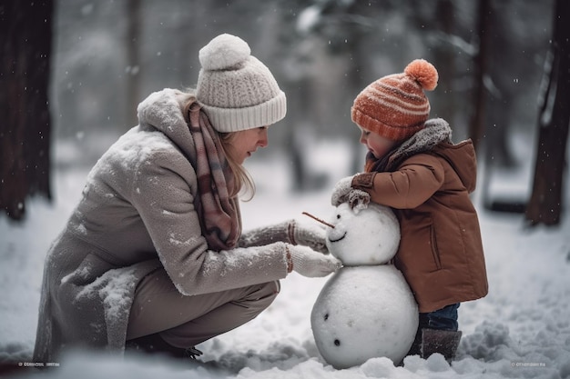 A woman and a child building a snowman