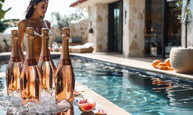 Photo woman and child by pool with champagne and fruit