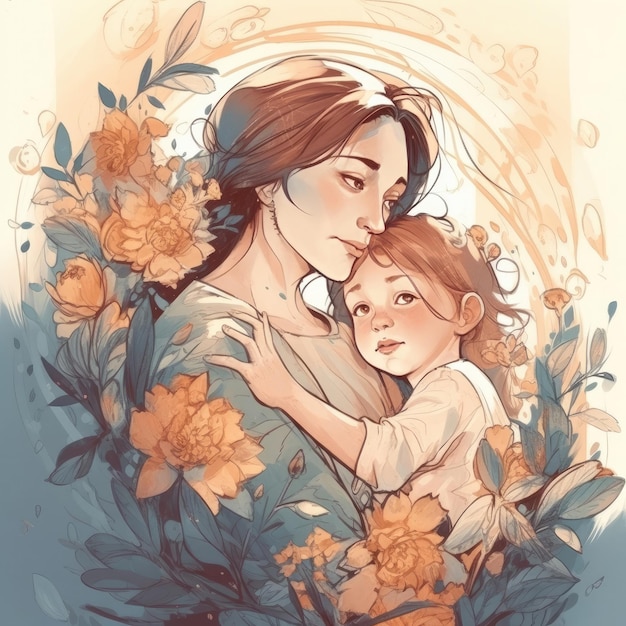 A woman and child in a floral portrait