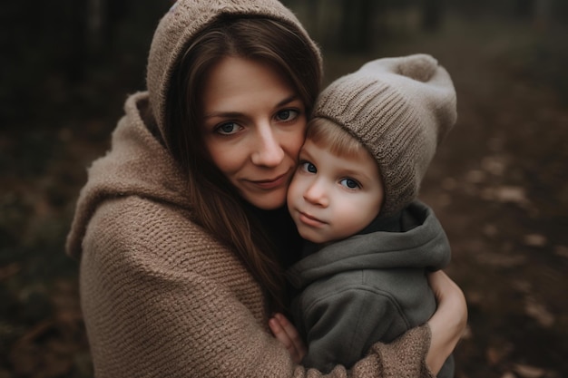 A woman and a child in a forest