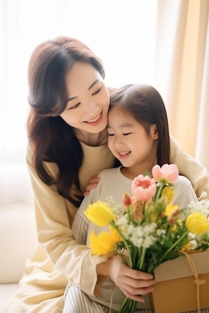 a woman and a child holding flowers and smiling