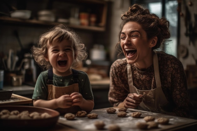 A woman and a child laugh and laugh while cooking cookies in a kitchen.