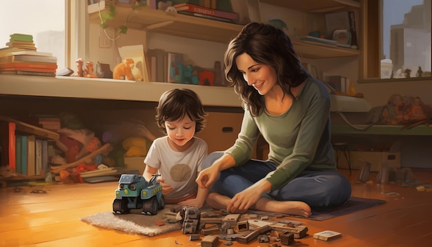 Photo a woman and child playing a game with a toy car