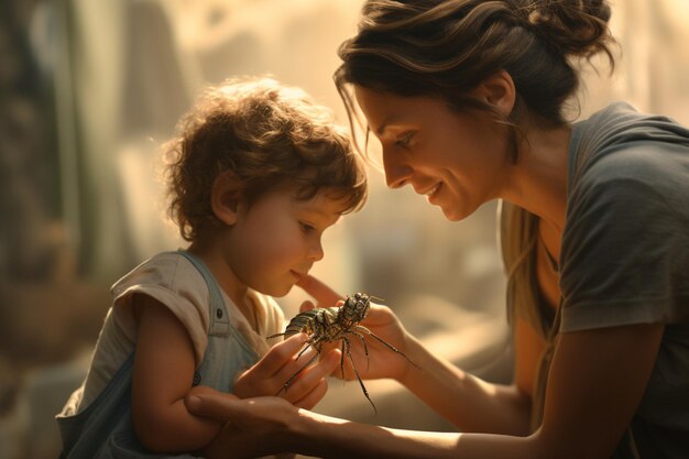 Woman and child playing with a bug