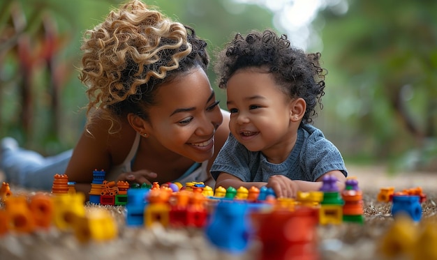 a woman and a child playing with legos and a baby