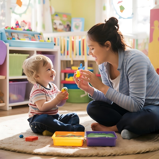 a woman and a child playing with toys in a room