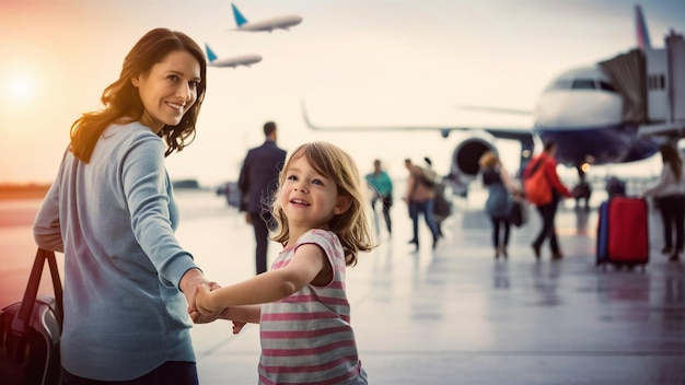 a woman and a child shake hands in front of a plane