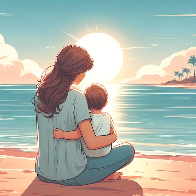 a woman and a child sit on a beach with the sun shining behind them