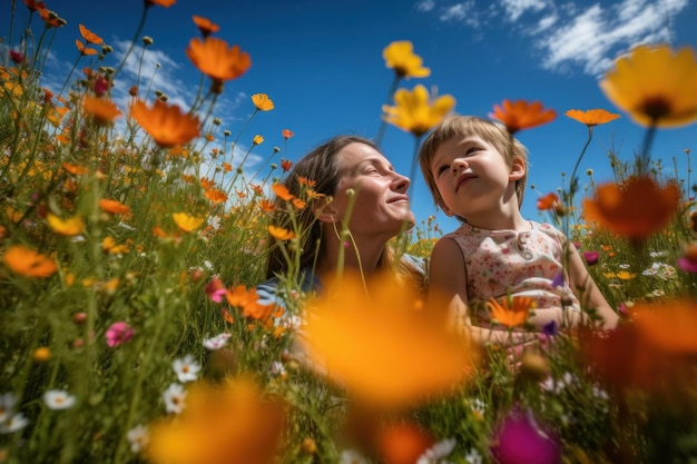 A woman and child sit in a field of flowers.