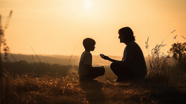 A woman and child sit in a field, one of them is holding a hand up to her face.