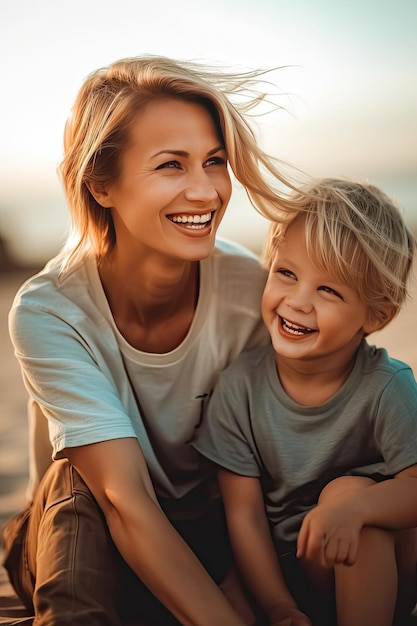 A woman and a child smiling at the beach