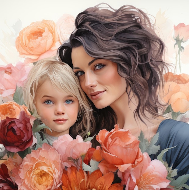 Woman and Child Surrounded by Flowers