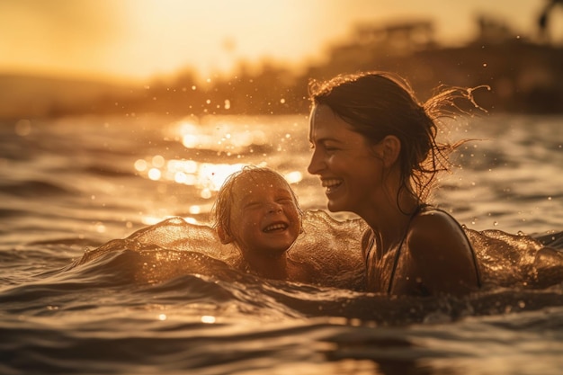 A woman and child swimming in the ocean at sunset