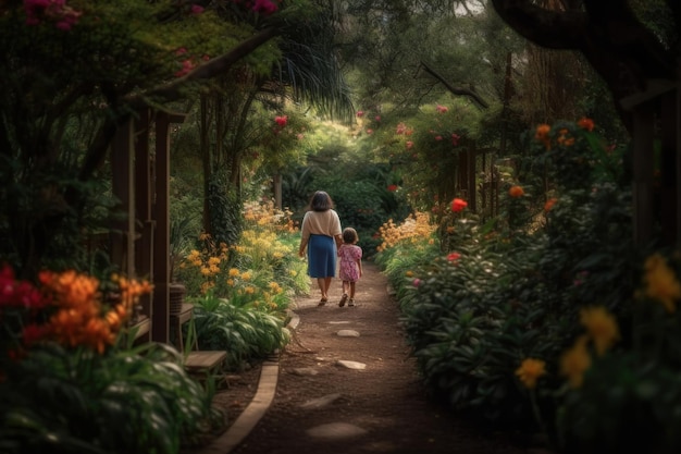 A woman and a child walk down a path with flowers in the background.