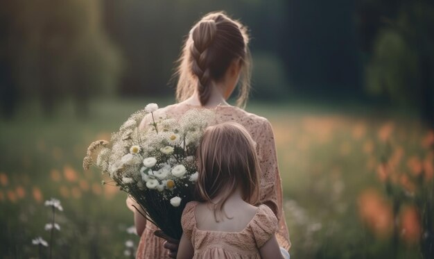 Woman and child with bouquet of flowers against green blurred background Spring family holiday concept Women's day generative AI