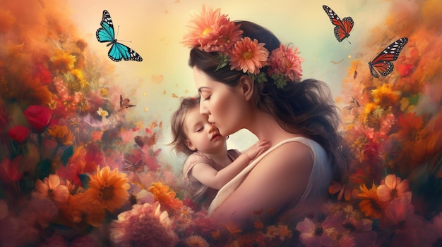 A woman and a child with butterflies on their heads