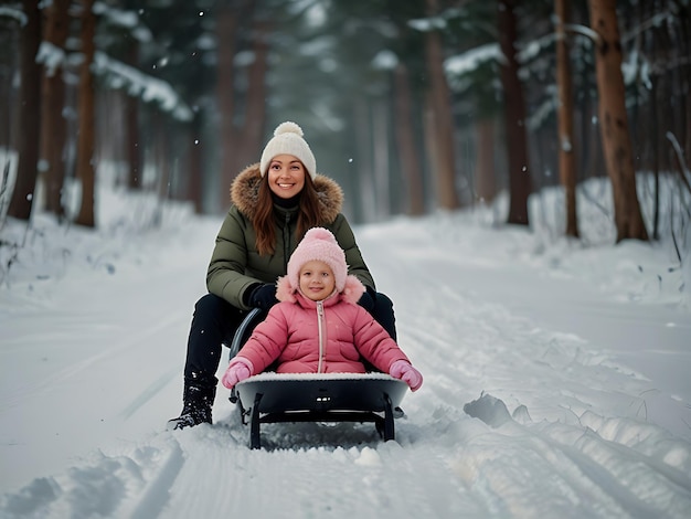 A woman and children are pulling a sled through a forest