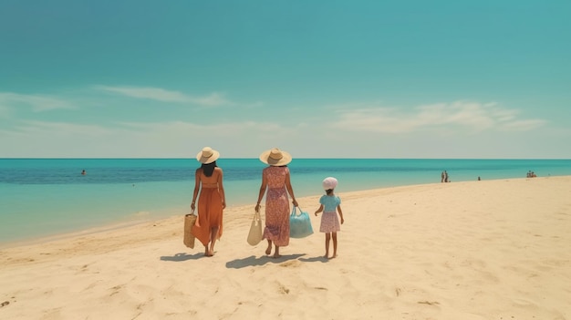 woman and children in beach at sea travel and vacation