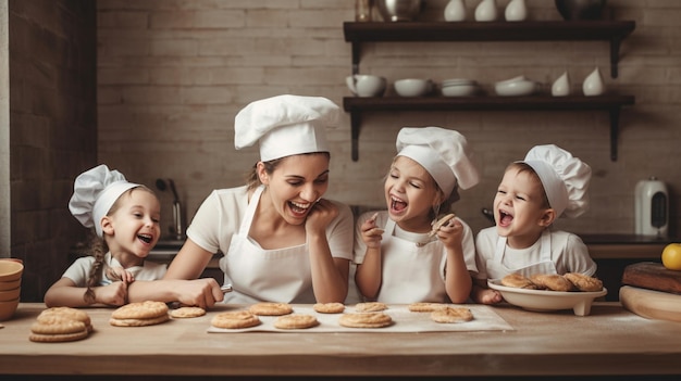 A woman and children in a kitchen with a chef hat and aprons