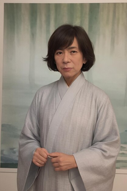 A woman in a chinese robe stands in front of a painting of trees.