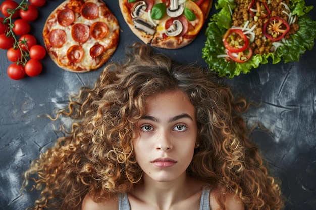 Woman choose between healthy and unhealthy food