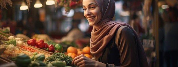 A woman chooses fresh herbs vegetables and fruits at a food fair