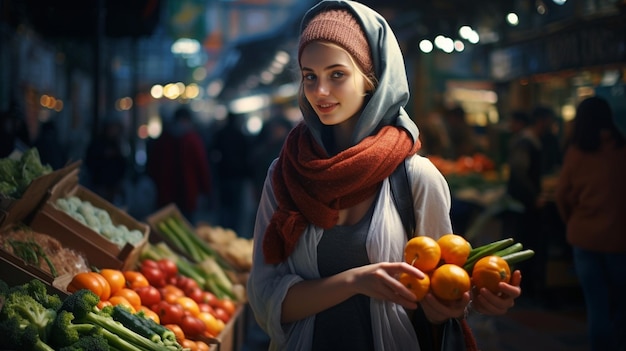 A woman chooses fresh herbs vegetables and fruits at a food fair