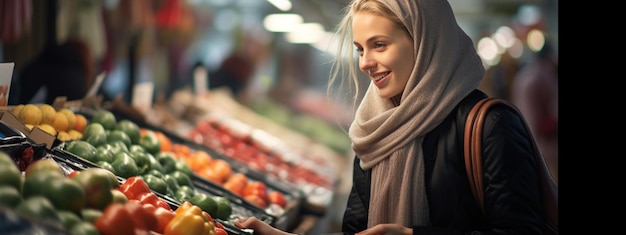 A woman chooses fresh herbs vegetables and fruits at a food fair