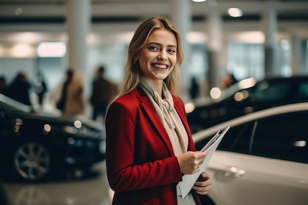 Woman choosing a car in car showroom