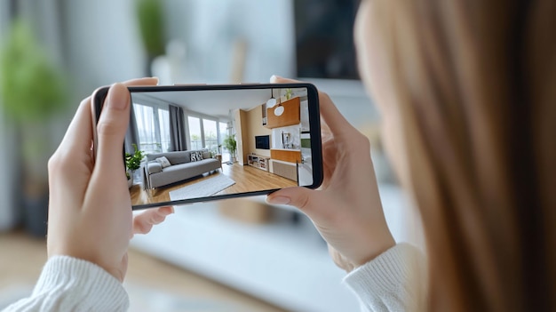 Photo woman choosing dwelling on house hunting website